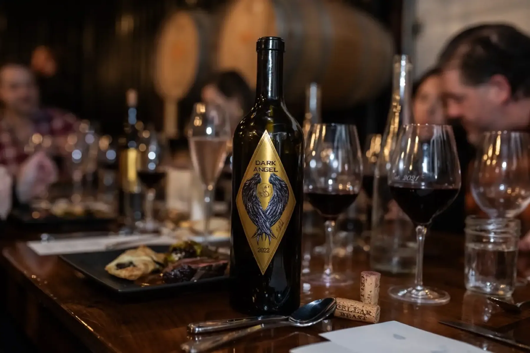 Cellar Beast Dark Angel 2022 bottle on the table at a barrel-room pairing dinner